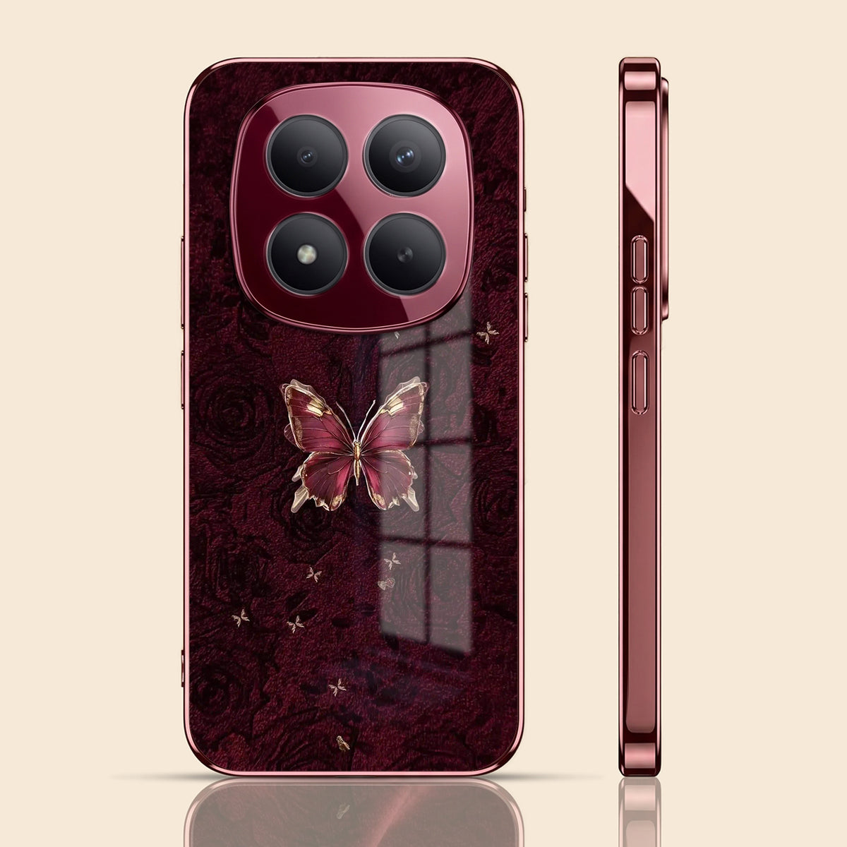 Redmi Note 15 Pro Plus 5G Butterfly Burgundy Electroplated Glass Back Case