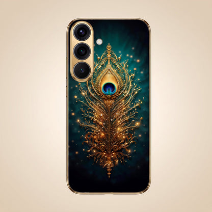 Samsung Galaxy A56 5G Golden Peacock Feather Gold Electroplated Glass Phone Back Case