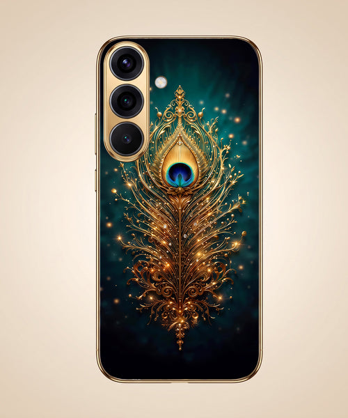 Samsung Galaxy A56 5G Golden Peacock Feather Gold Electroplated Glass Phone Back Case