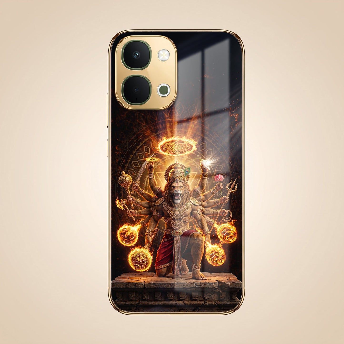 Vivo T5x 5G Lord Narasimha Gold Electroplated Glass Phone Back Case