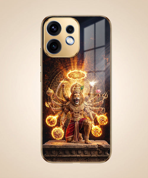 Oppo Reno 16 5G Lord Narasimha Gold Electroplated Glass Phone Back Case