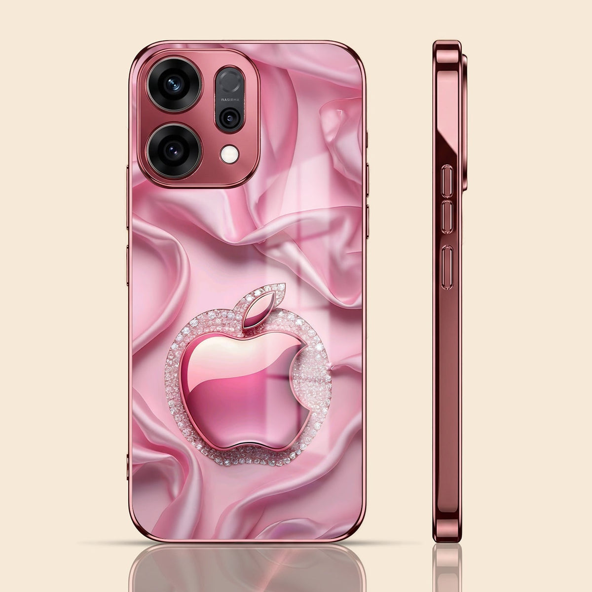 Oppo Reno 14 5G Luxury Apple Logo Pink Electroplated Glass Phone Back Case