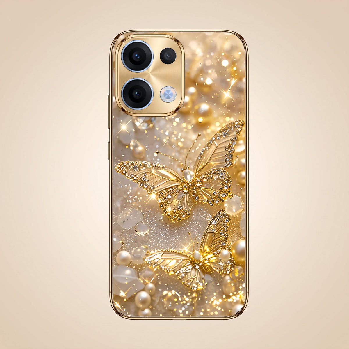 Oppo Reno 13 5G Golden Butterfly Gold Electroplated Glass Phone Back Case