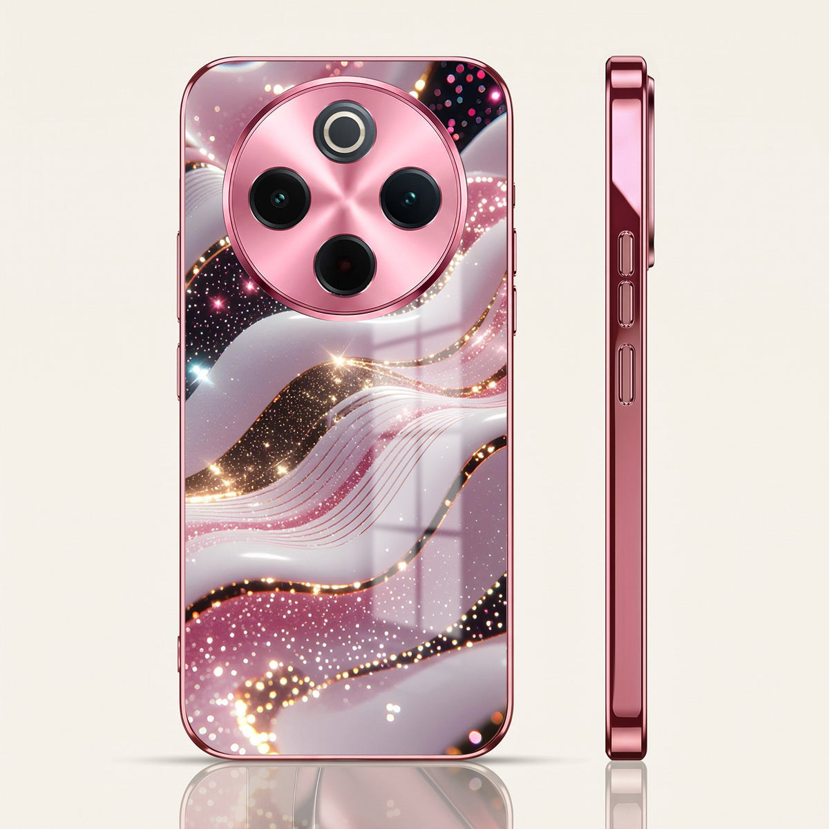 Vivo T4 5G Midnight Pearl Wave Pink Electroplated Glass Phone Back Case