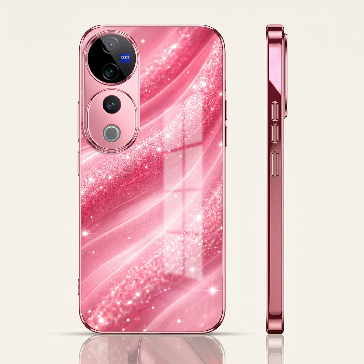 Vivo V40 Pro 5G Luxury Glitter Wave Pink Electroplated Glass Phone Back Case