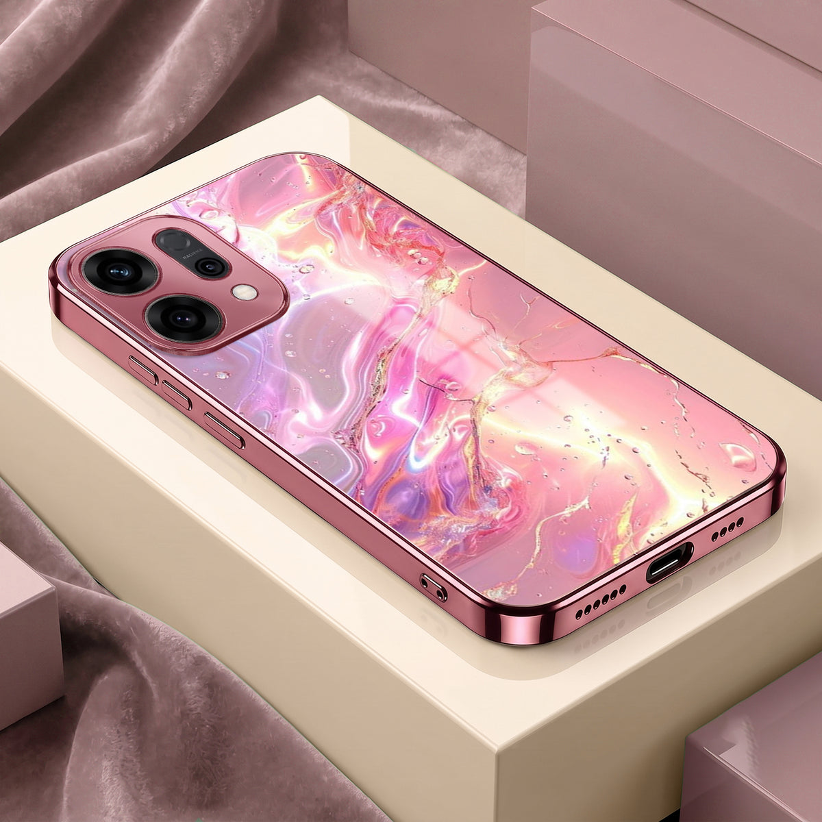 Oppo Reno 14 5G Pearl Aurora Pink Electroplated Glass Phone Back Case
