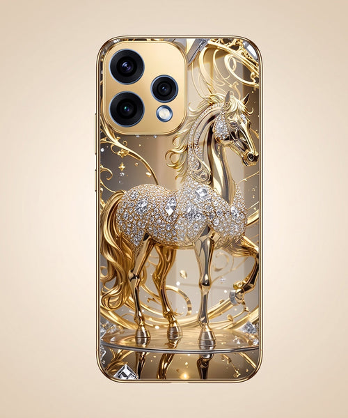Oppo Reno 15 5G Luxury Horse Texture Gold Electroplated Glass Phone Back Case