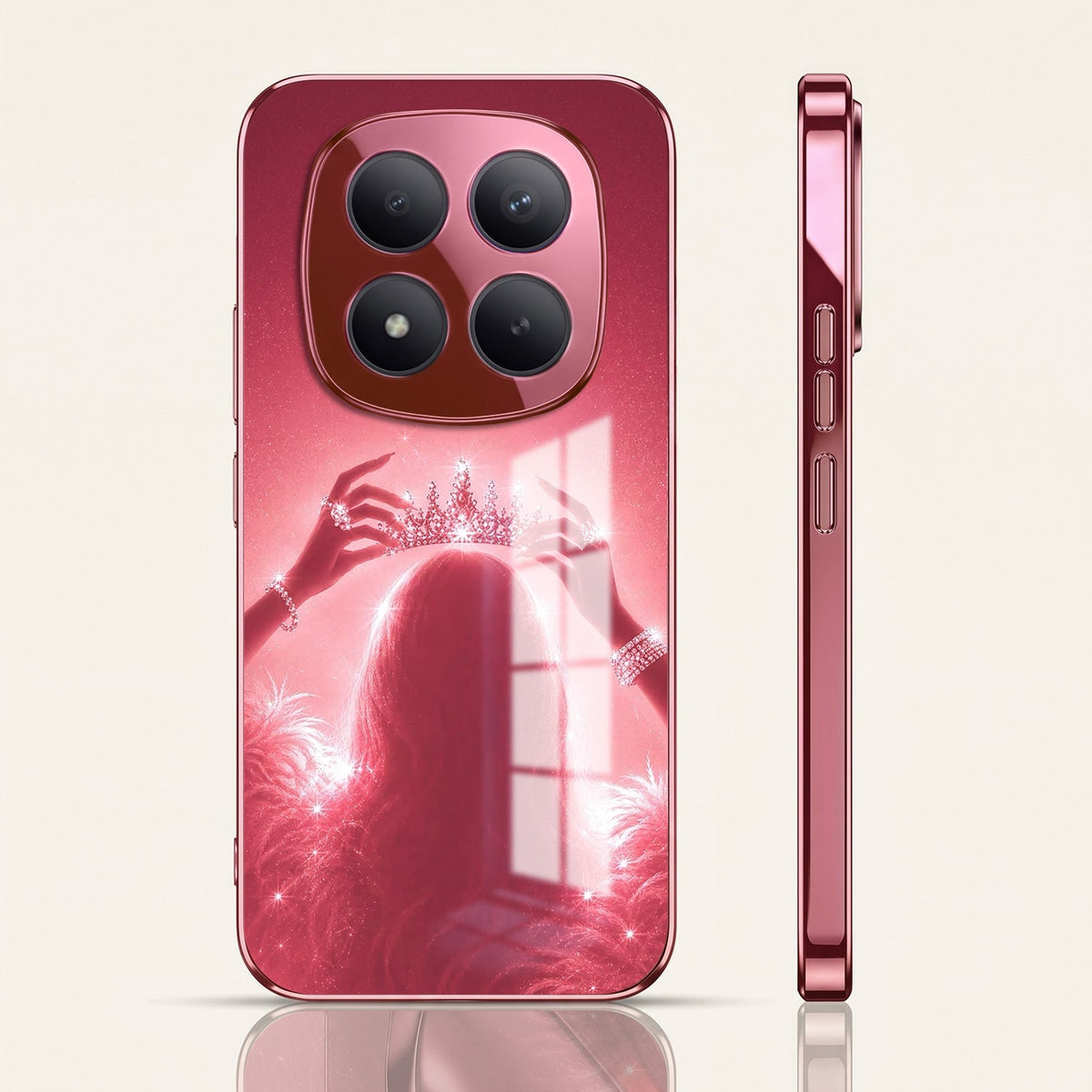 Redmi Note 15 Pro+ 5G Luxury Crown Queen Pink Electroplated Glass Phone Back Case