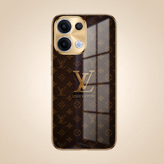 Oppo Reno 13 5G LV Brown Monogram Gold Electroplated Glass Phone Back Case