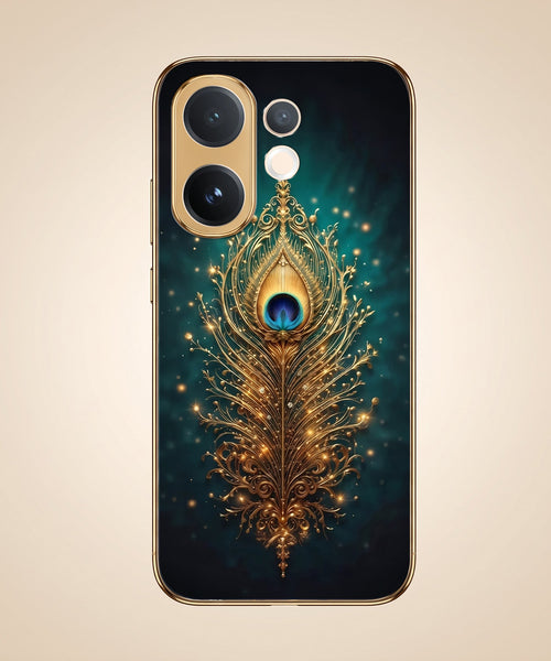 Vivo V60 5G Golden Peacock Feather Gold Electroplated Glass Phone Back Case