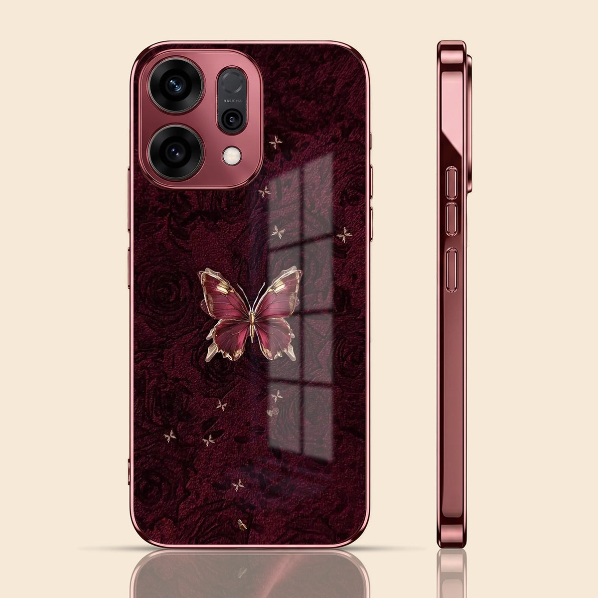 Oppo Reno 14 5G Butterfly Burgundy Electroplated Glass Back Case