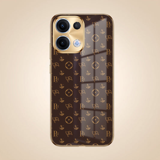 Oppo Reno 13 5G Luxury Monogram Brown Gold Electroplated Glass Phone Back Case