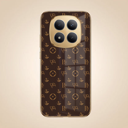 Redmi Note 15 Pro Plus 5G Luxury Monogram Brown Gold Electroplated Glass Phone Back Case