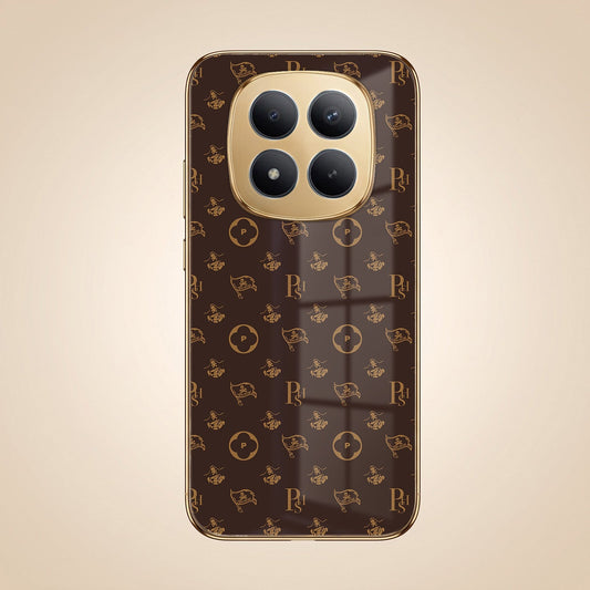 Redmi Note 15 SE 5G Luxury Monogram Brown Gold Electroplated Glass Phone Back Case
