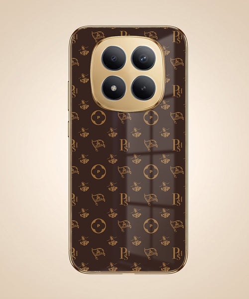 Redmi Note 15 Pro Plus 5G Luxury Monogram Brown Gold Electroplated Glass Phone Back Case