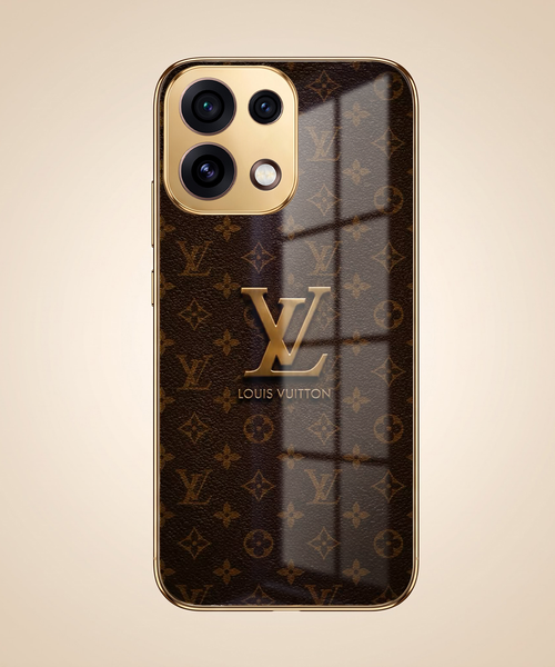 Oppo Reno 16C 5G LV Brown Monogram Gold Electroplated Glass Phone Back Case