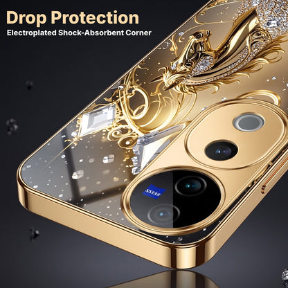 Vivo V40 Pro 5G Luxury Horse Texture Gold Electroplated Glass Phone Back Case
