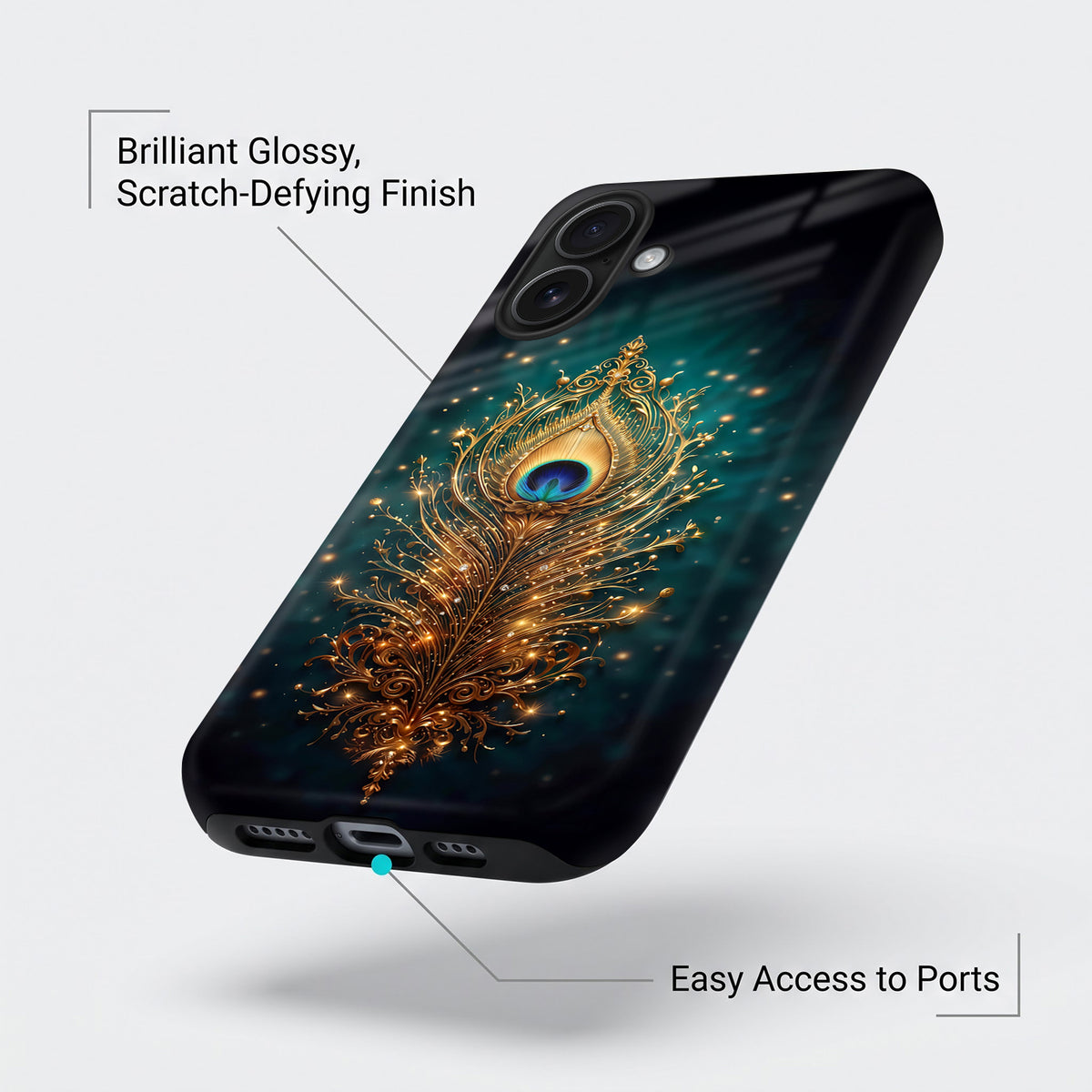 iPhone 16 5G Golden Peacock Feather Protective Case