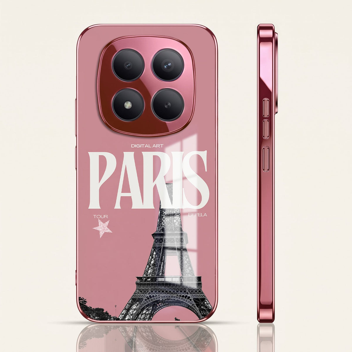 Redmi Note 15 Pro+ 5G Luxury Paris Tower Pink Electroplated Glass Phone Back Case