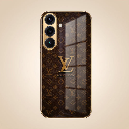 Samsung Galaxy A37 5G LV Brown Monogram Gold Electroplated Glass Phone Back Case