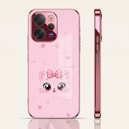 Vivo V70 5G Luxury Cute Cat Pink Electroplated Glass Phone Back Case
