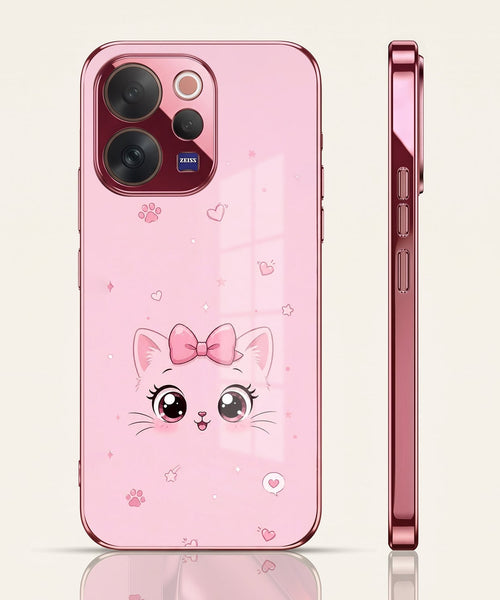 Vivo V70 5G Luxury Cute Cat Pink Electroplated Glass Phone Back Case