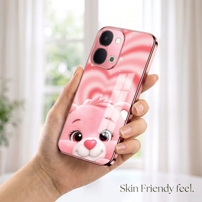 Vivo T5x 5G Luxury Cute Teddy Pink Electroplated Glass Phone Back Case