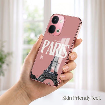Vivo T5x 5G Luxury Paris Tower Pink Electroplated Glass Phone Back Case