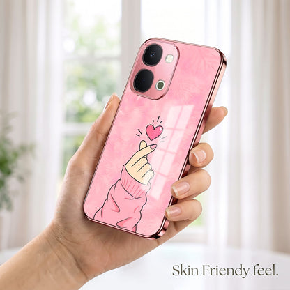 Vivo T5x 5G Luxury Heart Pink Electroplated Glass Phone Back Case