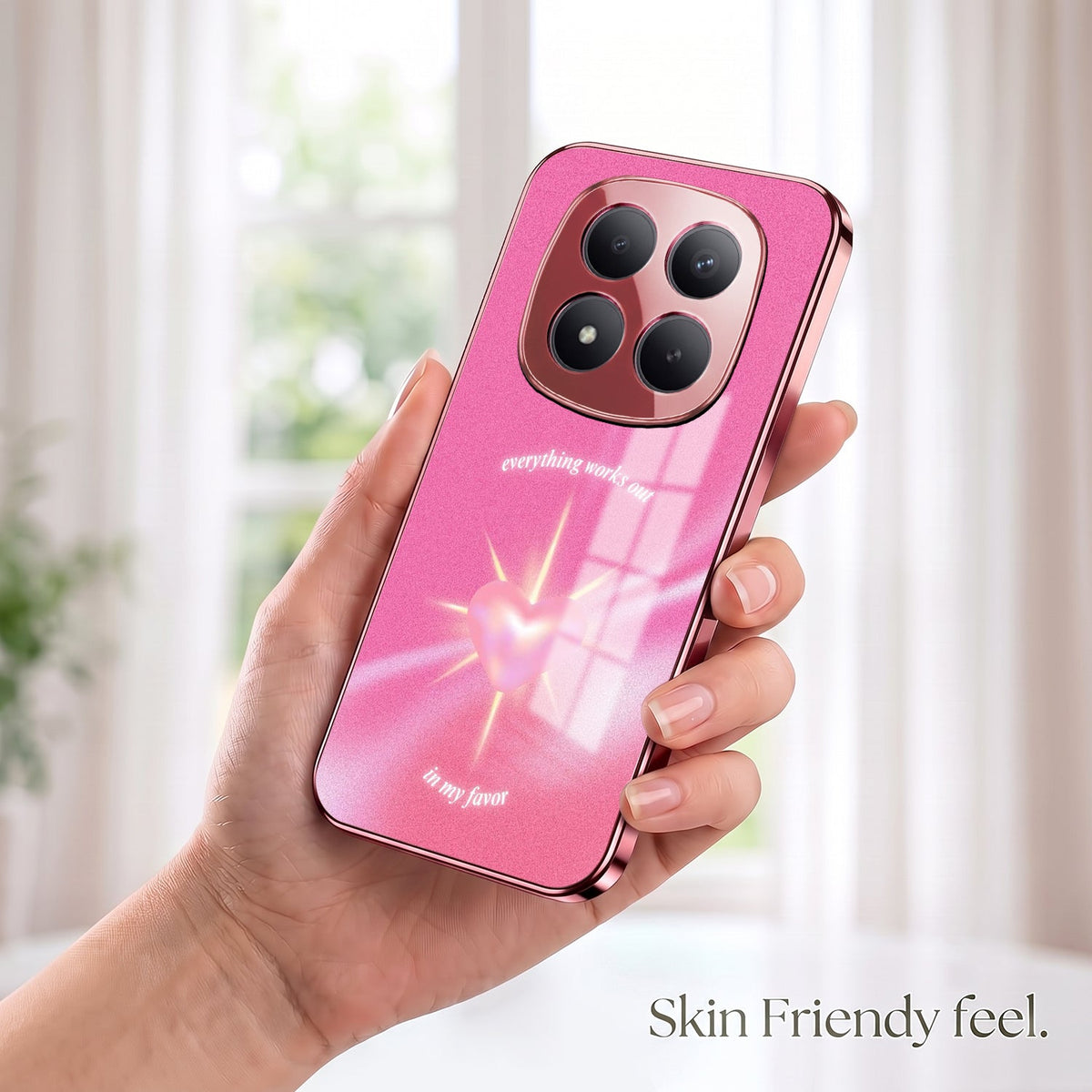 Redmi Note 15 Pro+ 5G Luxury Glowing Heart Pink Electroplated Glass Phone Back Case