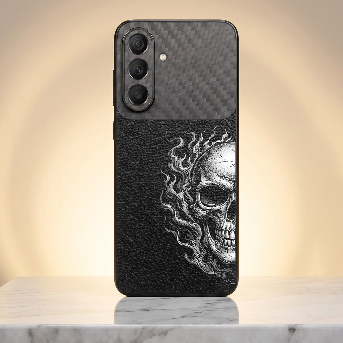Samsung Galaxy A57 5G Skull Art Carbon Fiber Leather Hybrid Back Case