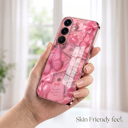 Samsung Galaxy A56 5G Luxury Dollar Butterfly Pink Electroplated Glass Phone Back Case