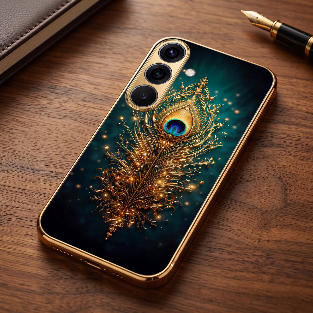 Samsung Galaxy A56 5G Golden Peacock Feather Gold Electroplated Glass Phone Back Case