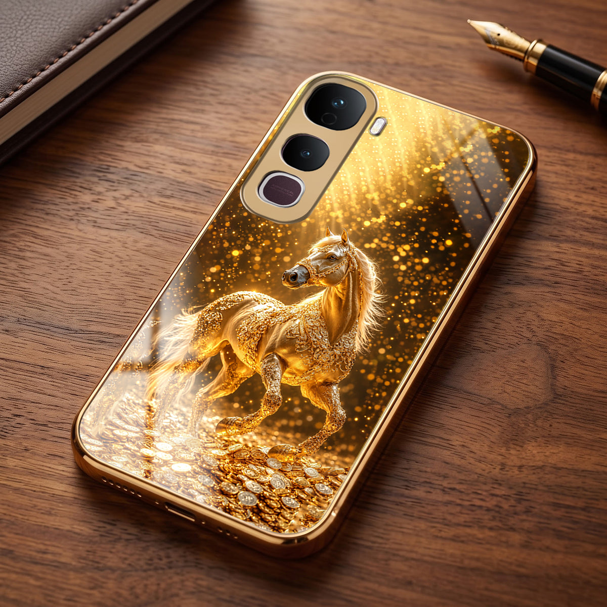 Vivo Y400 Pro 5G Golden Horse Sparkle Gold Electroplated Glass Phone Back Case