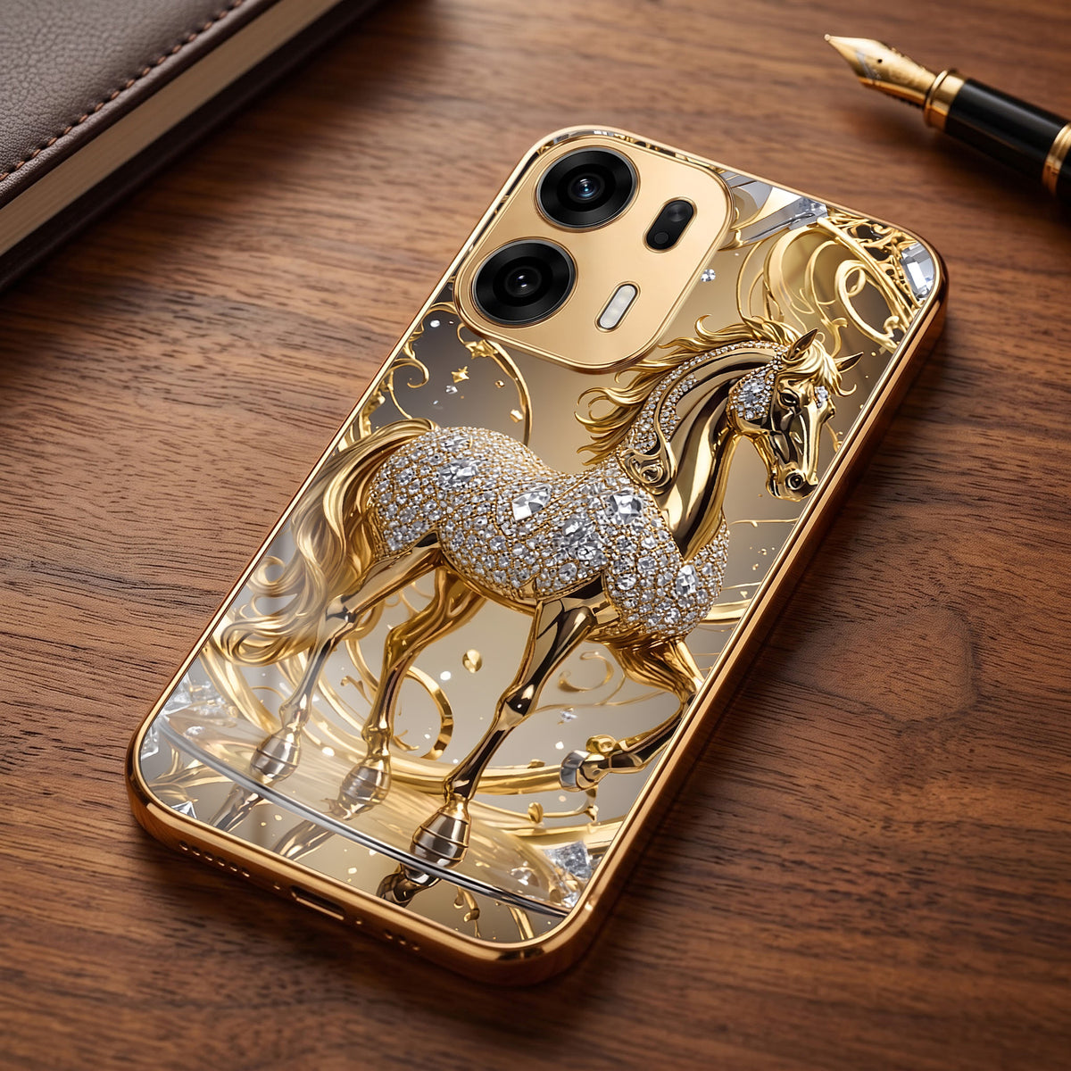 Oppo K14 Plus 5G Luxury Horse Texture Gold Electroplated Glass Phone Back Case