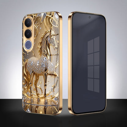 Vivo V70 FE 5G Luxury Horse Texture Gold Electroplated Glass Phone Back Case