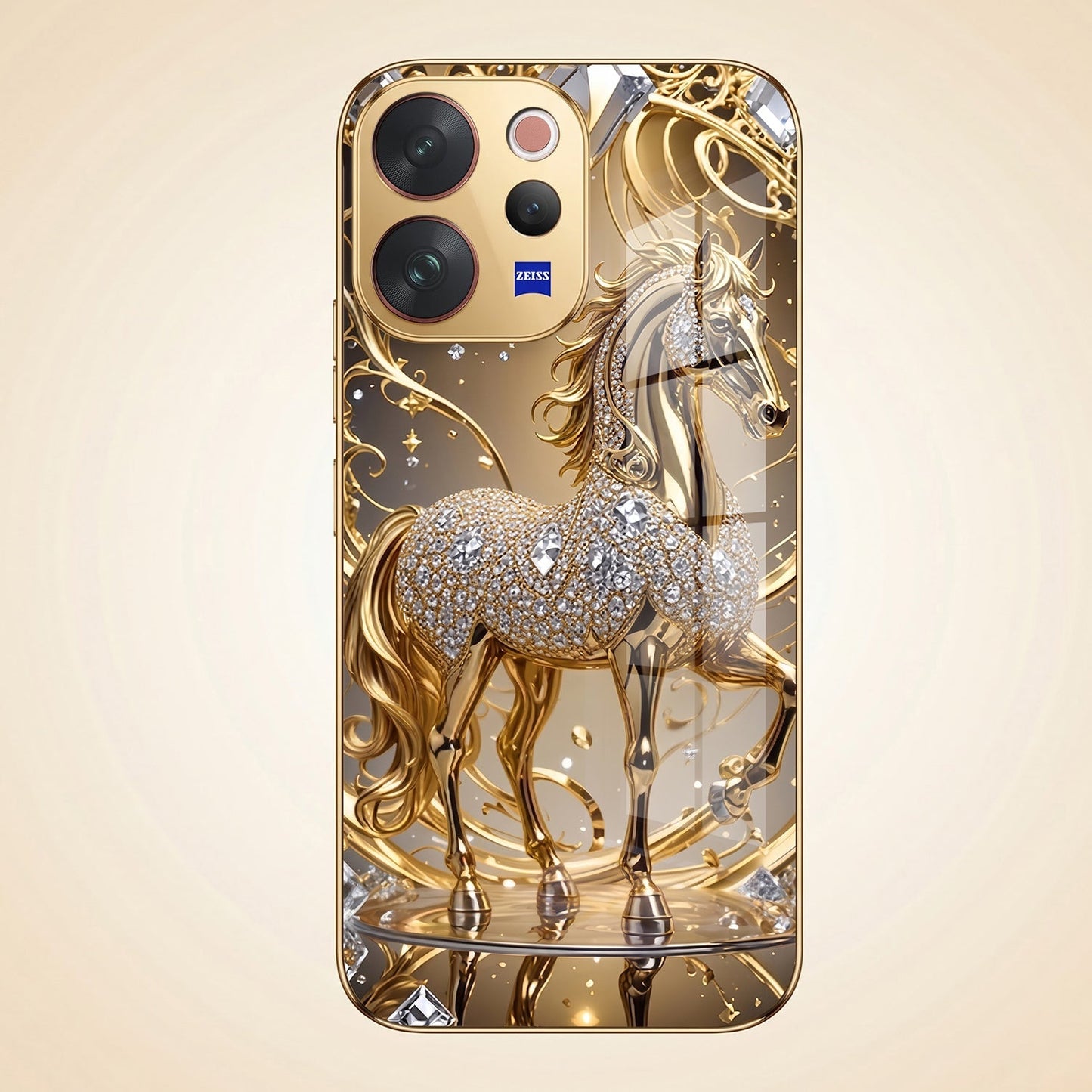 Vivo V70 5G Luxury Horse Texture Gold Electroplated Glass Phone Back Case