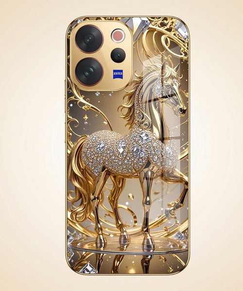 Vivo V70 5G Luxury Horse Texture Gold Electroplated Glass Phone Back Case