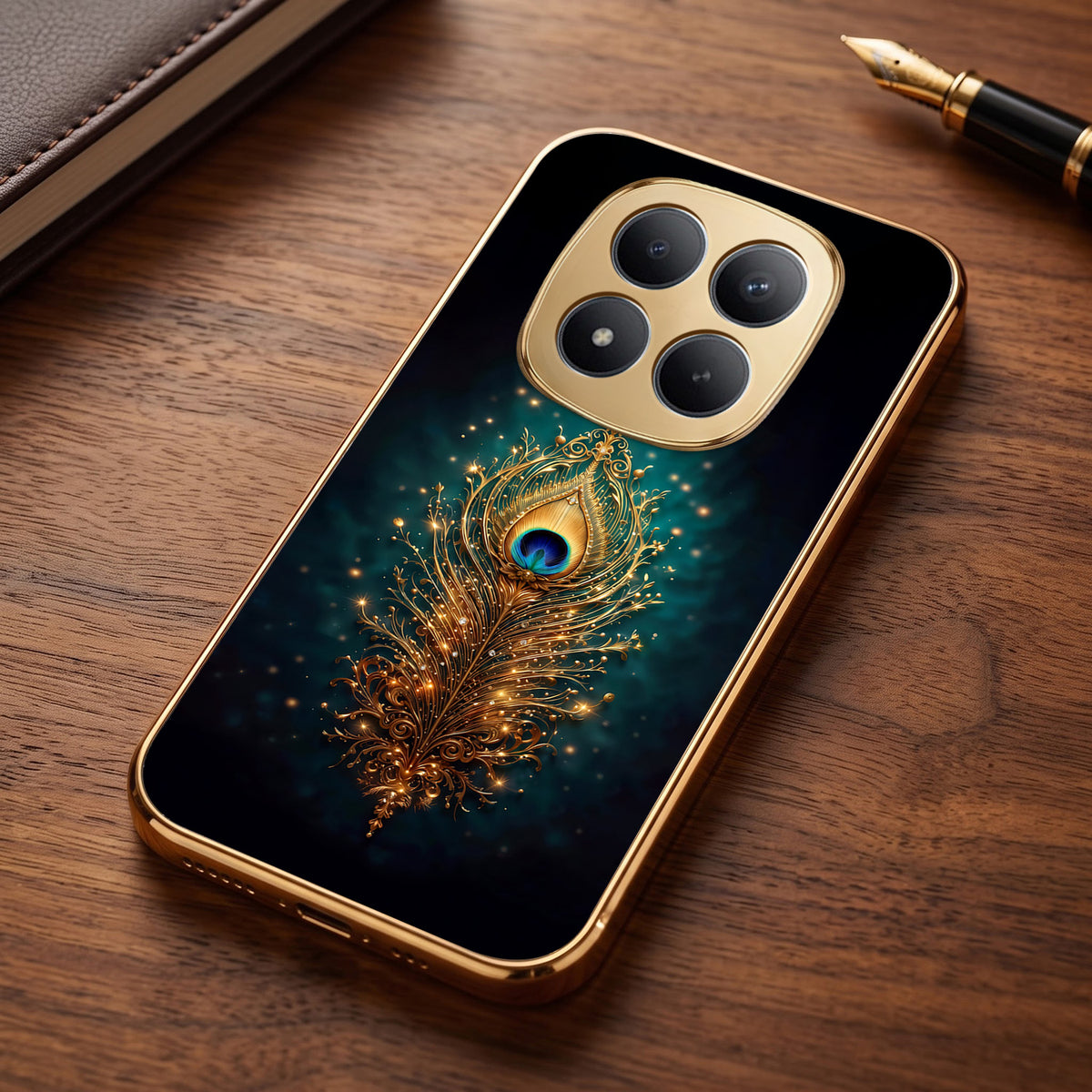 Redmi Note 15 Pro+ 5G Golden Peacock Feather Gold Electroplated Glass Phone Back Case