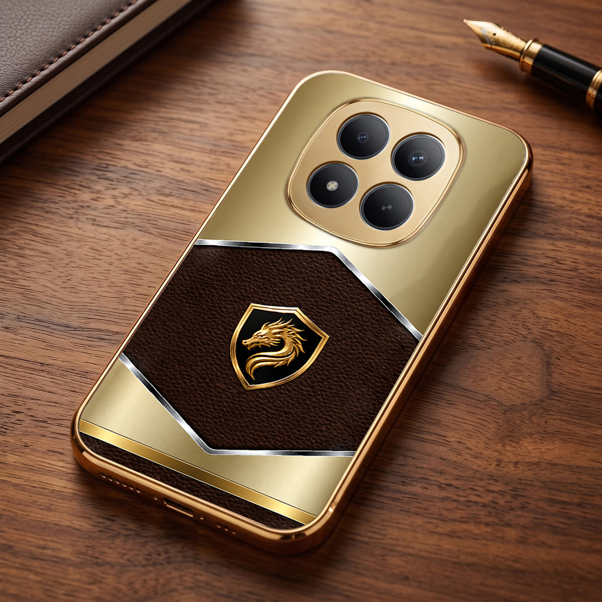 Redmi Note 15 Pro+ 5G Dragon Crest Gold Electroplated Glass Phone Back Case