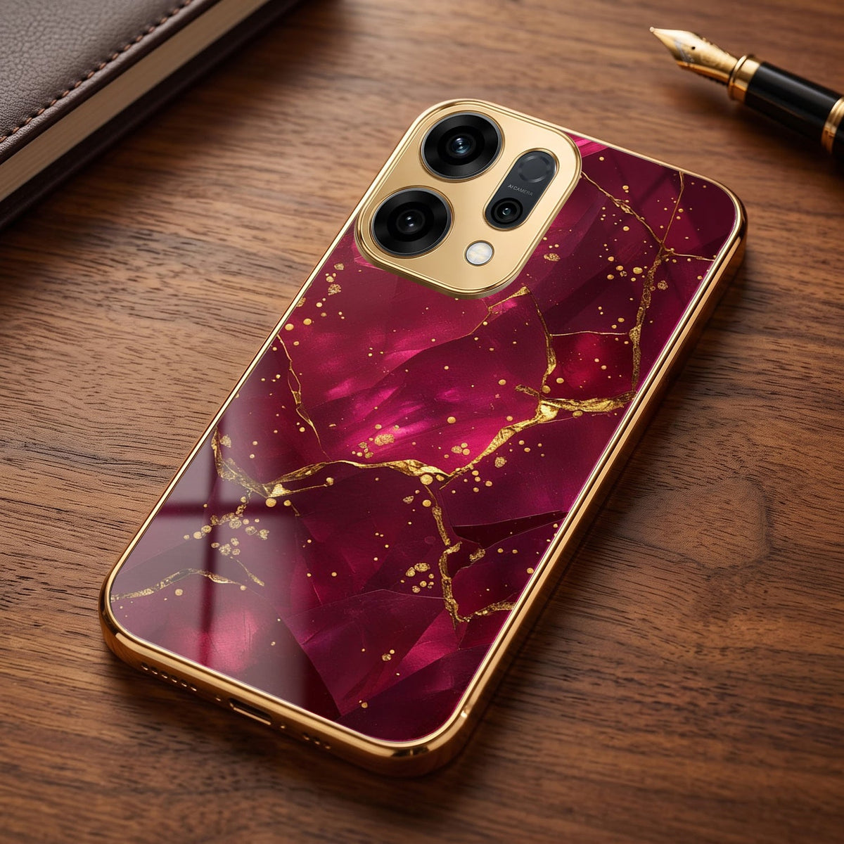 Oppo Reno 14 5G Luxury Crimson Marble Gold Electroplated Glass Phone Back Case