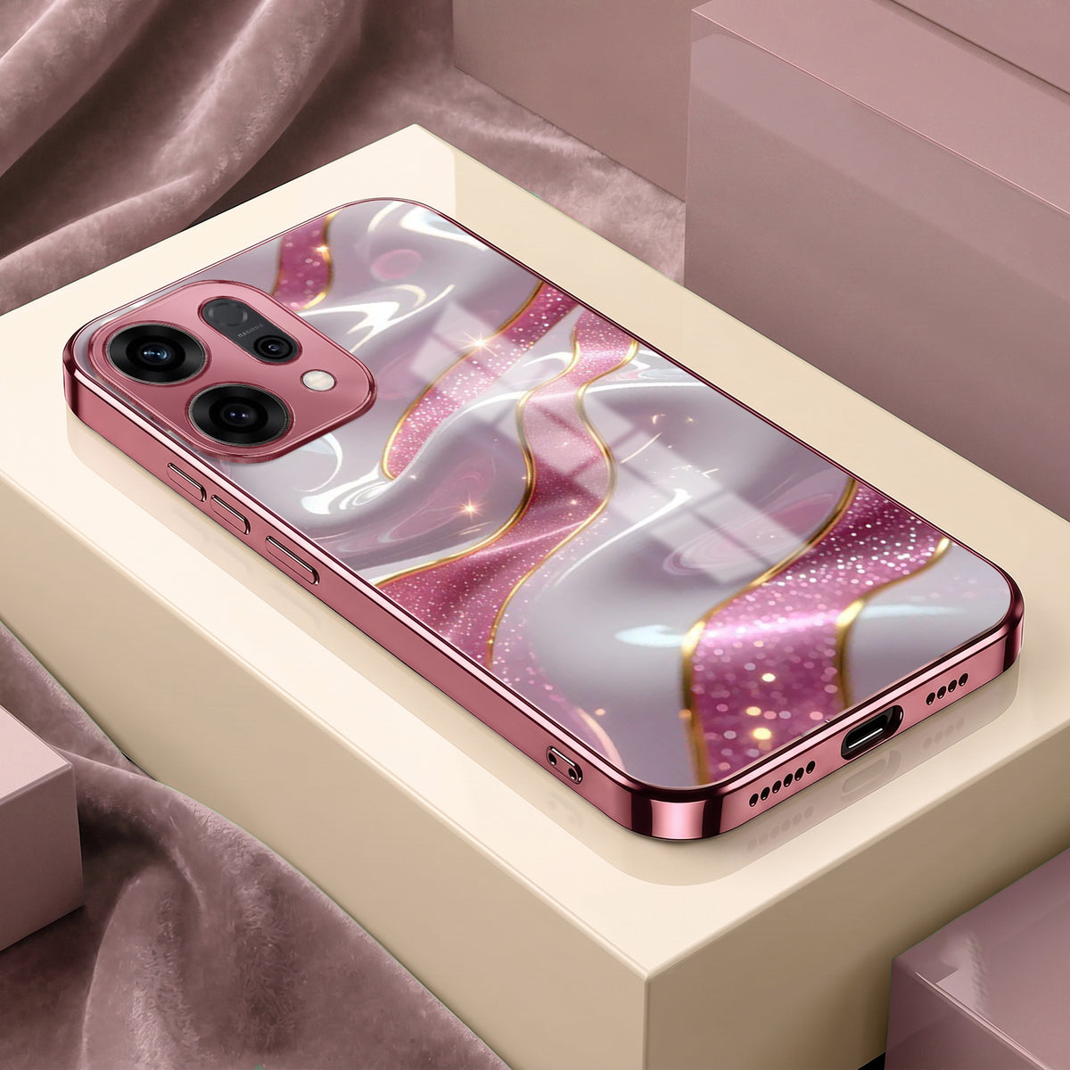 Oppo Reno 14 5G Pearl Marble Pink Electroplated Glass Phone Back Case