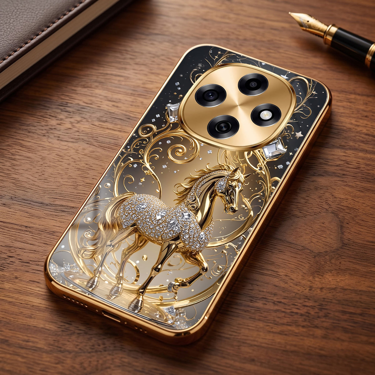 OPPO F31 Pro 5G Luxury Horse Texture Gold Electroplated Glass Phone Back Case