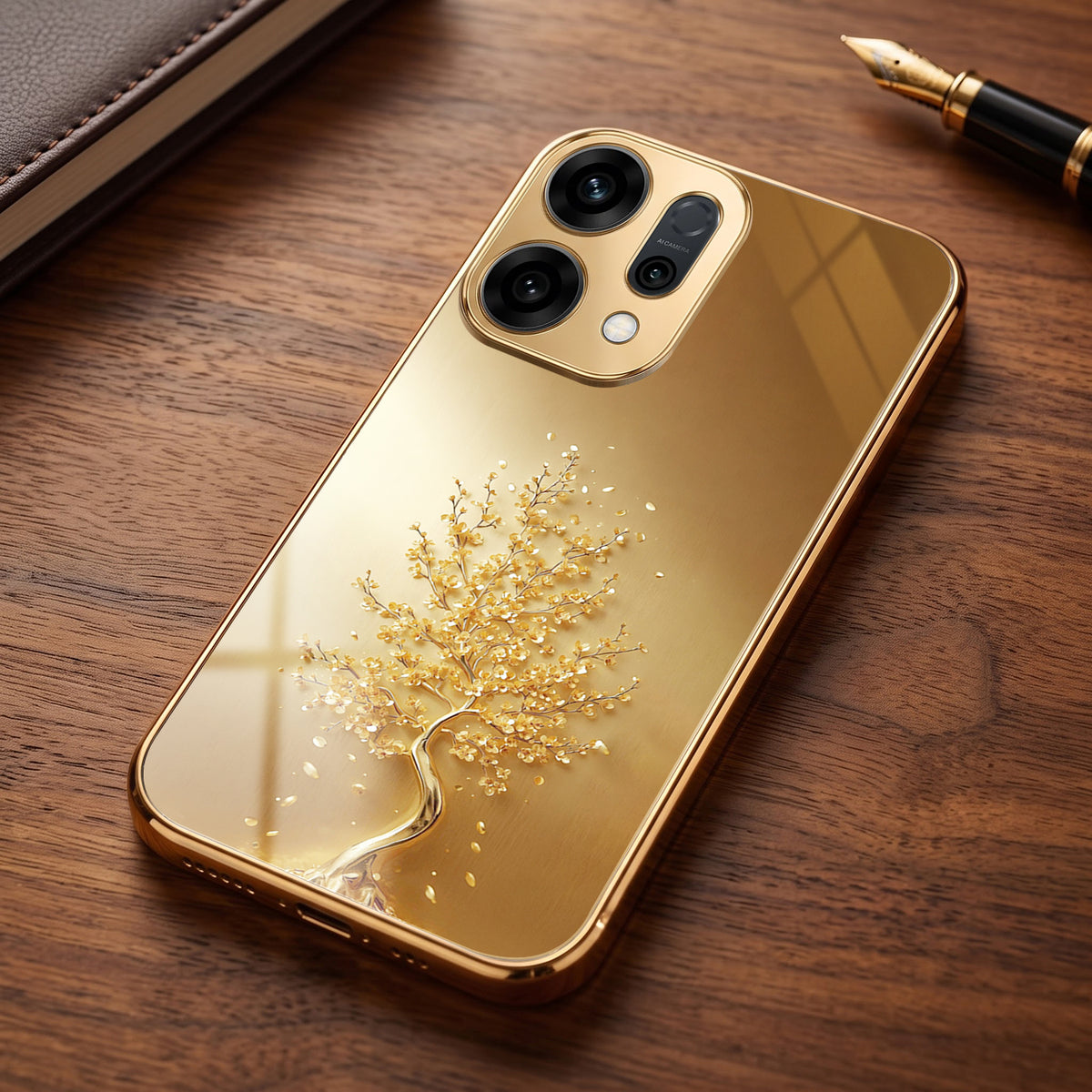 Oppo Reno 14 5G Golden Tree Gold Electroplated Glass Phone Back Case