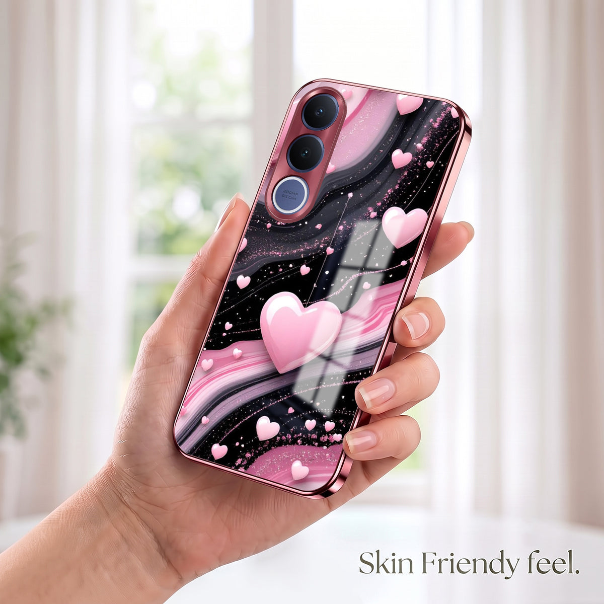 Vivo V70 FE 5G Love Sparkle Pink Electroplated Glass Phone Back Case