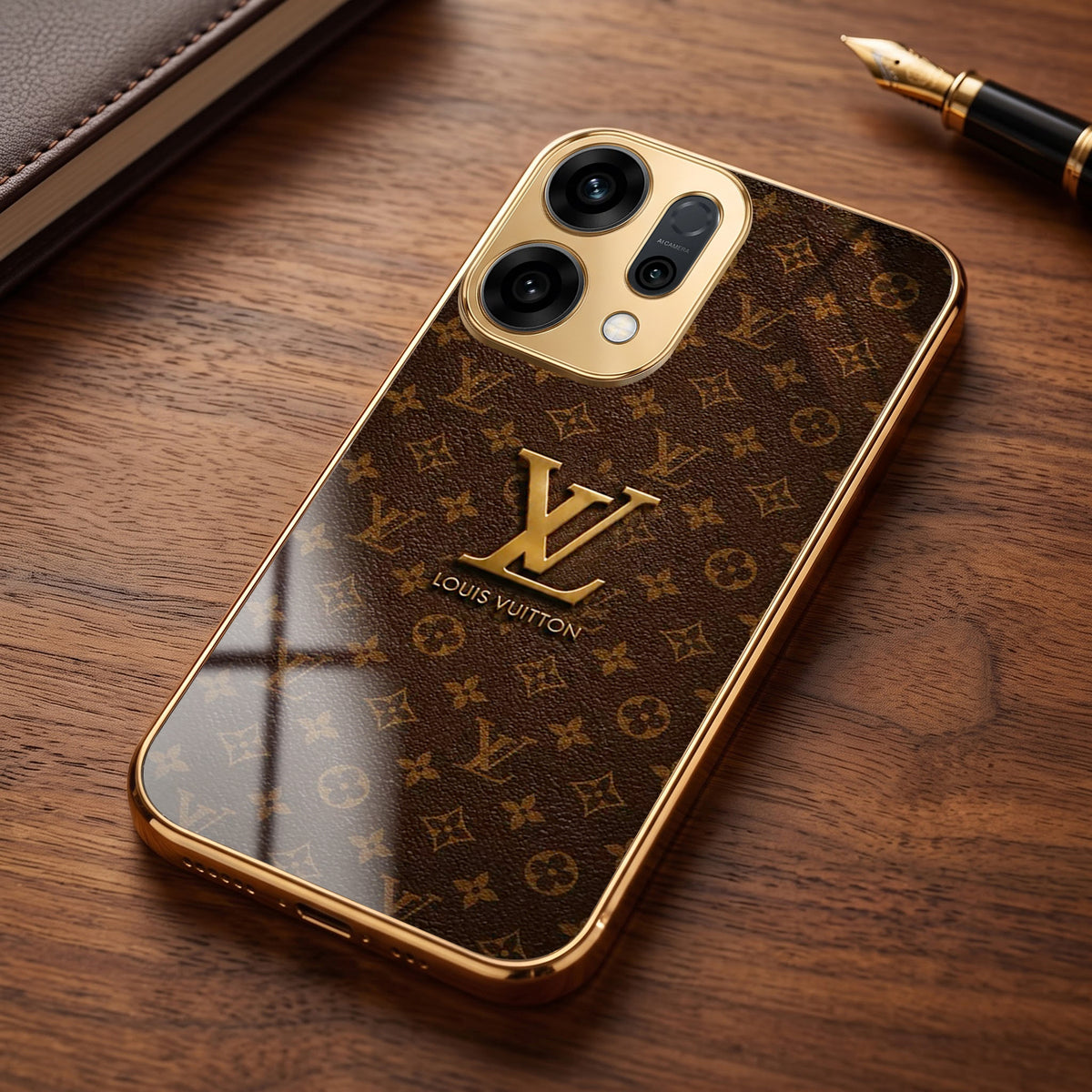 Oppo Reno 14 5G LV Brown Monogram Gold Electroplated Glass Phone Back Case