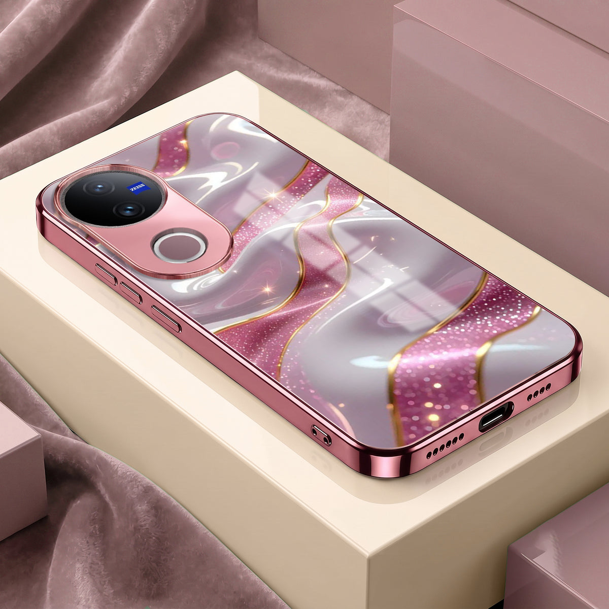 Vivo V50 5G Pearl Marble Pink Electroplated Glass Phone Back Case