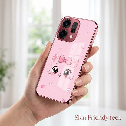 Oppo Reno 14 5G Luxury Cute Cat Pink Electroplated Glass Phone Back Case