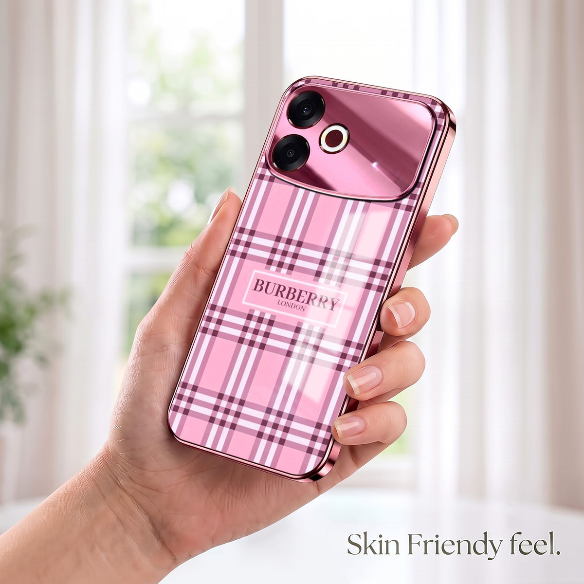 Oppo F33 Pro 5G Burberry Classic Pink Electroplated Glass Phone Back Case