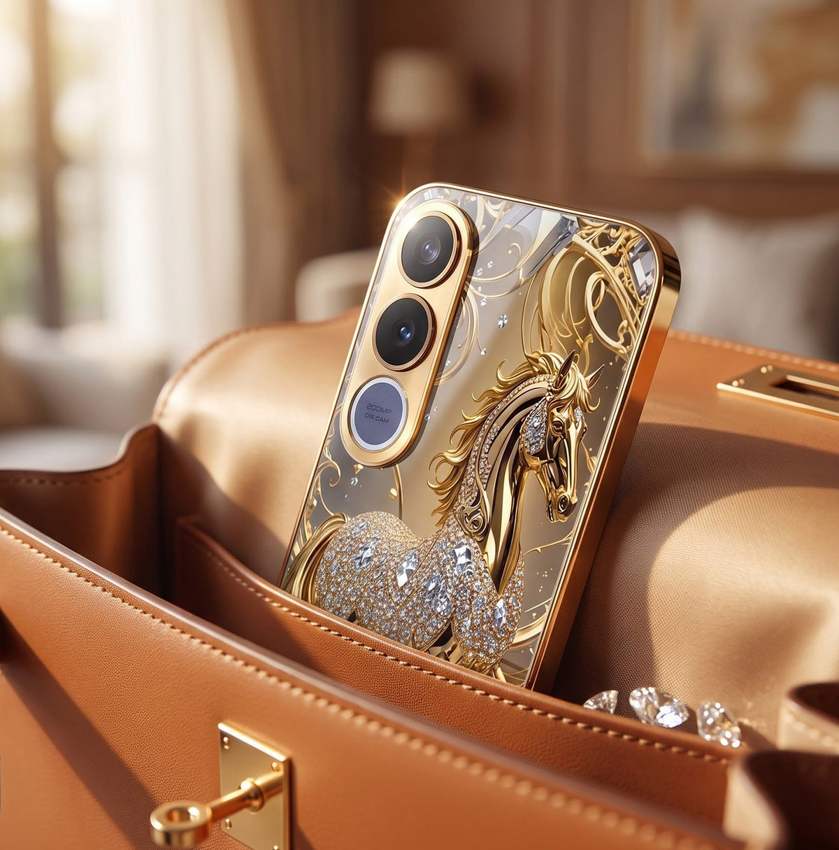 Vivo V70 FE 5G Luxury Horse Texture Gold Electroplated Glass Phone Back Case